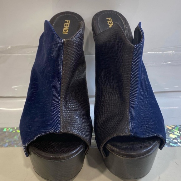 Fendi Zoccolo Denim/Brown Gold Heel Mules